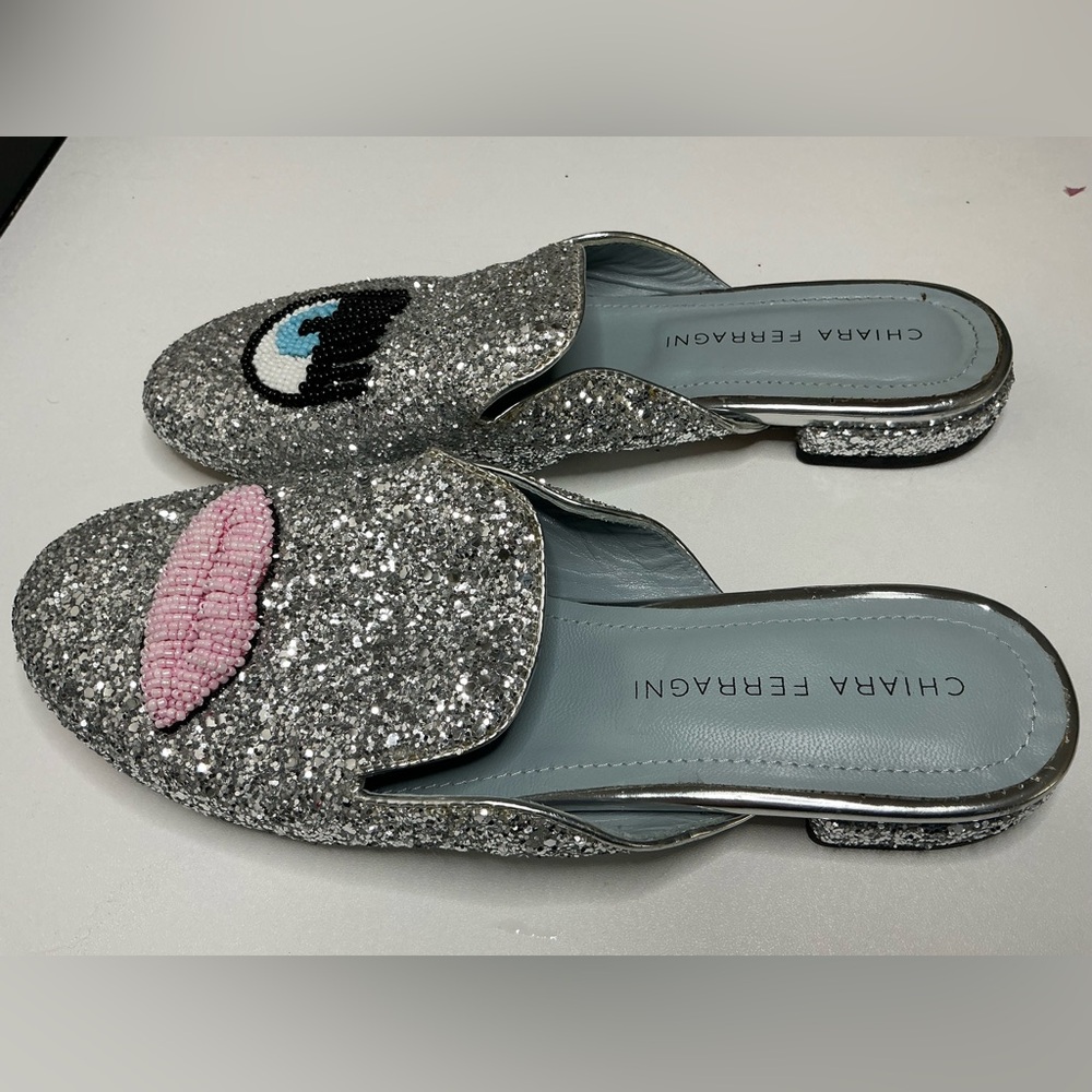Chiara Ferragni Sabot flirting eyes & lips Glitter Mules Size: IT 36/US 6.5 - Picture 4 of 5